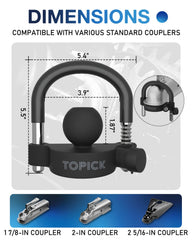 TOPICK coupler ball lock close-up shows adjustable positions for common sizes.