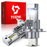 Topik H4 9003 LED bulb close-up showing bright night-driving light
