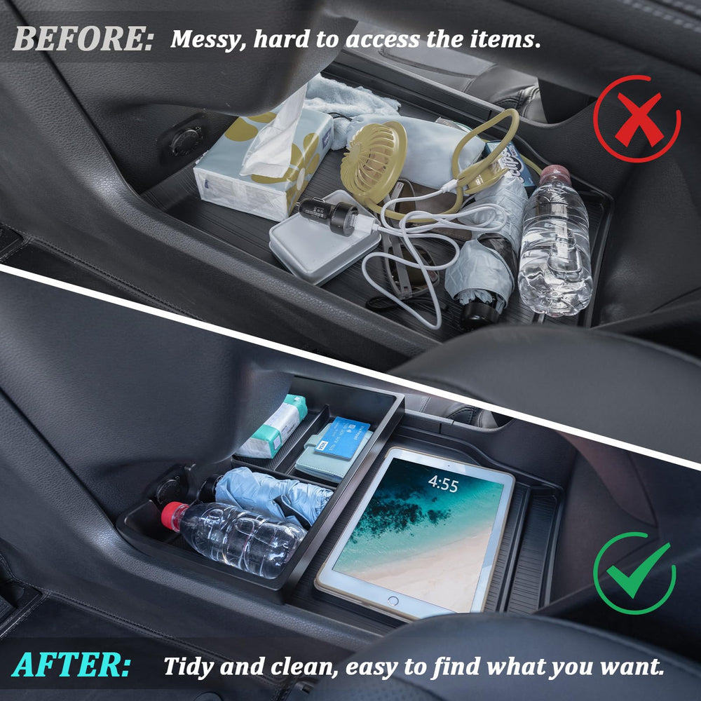 TOPINSTALL console bottom organizer highlights three compartments for organized storage under Sienna's center console.