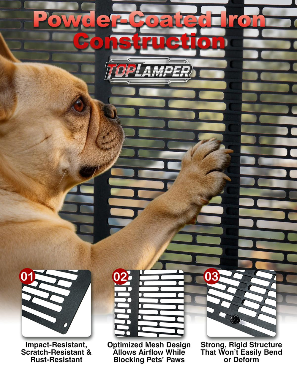 Toplamper heavy-duty guard secures RV screen door against impact.