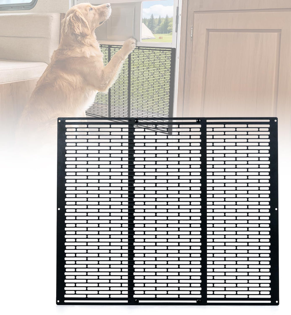 Toplamper reinforcement-panel on RV screen door strengthens high-traffic entry.
