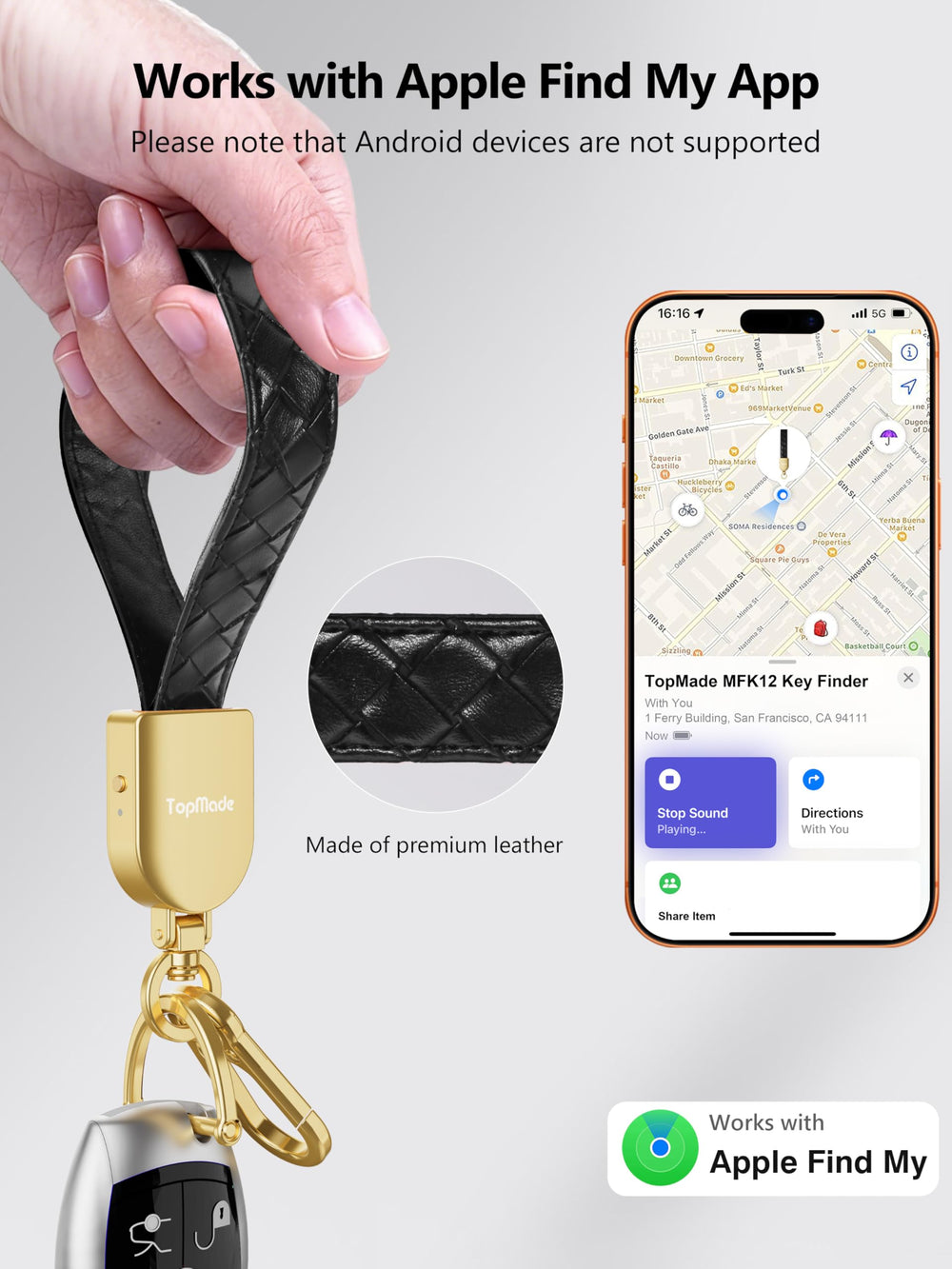 TopMade keychain showing Apple Find My integration for real-time tracking
