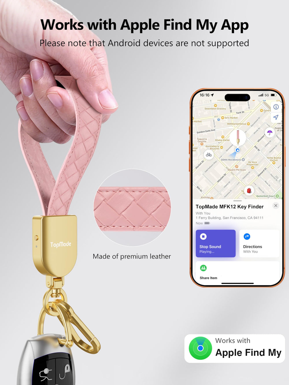 TopMade keychain with leather strap highlighting premium texture