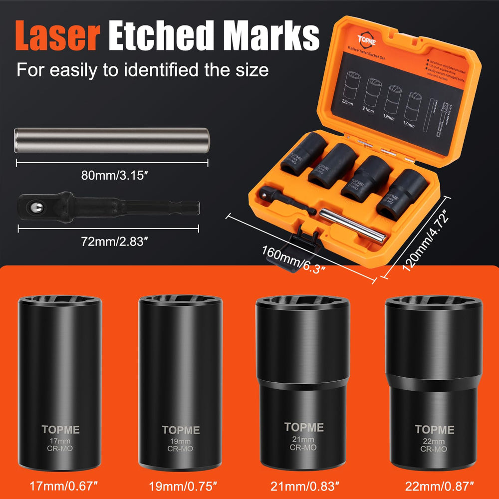 Topme 17mm extractor grips damaged nuts securely for easier removal.