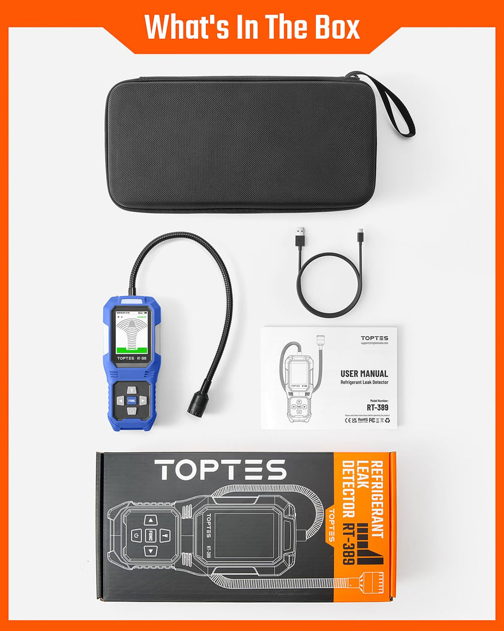 TOPTES RT-389 detects multiple refrigerants including R410A and R22 for comprehensive testing.