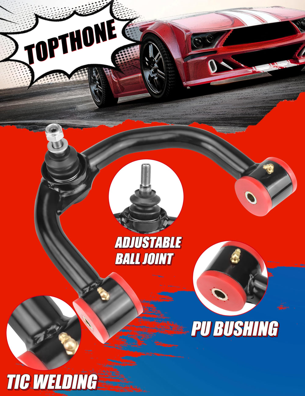 TOPTHANE two-year warranty front upper control arm with lifetime replaceable bushings for long-term support.