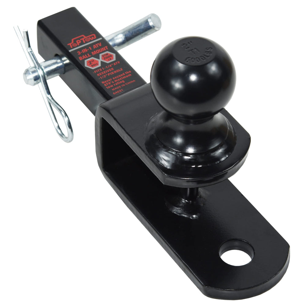 TOPTOW 3-in-1 hitch assembly showing three coupling options for versatility