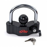 TOPTOW universal hitch lock demonstrates 1-7/8in compatibility for secure trailer couplers.