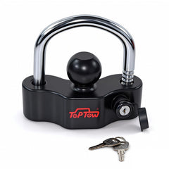 TOPTOW universal hitch lock demonstrates 1-7/8in compatibility for secure trailer couplers.