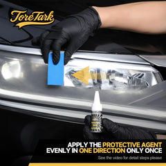 Toretark surface shine visual highlights glossy, like-new headlights after treatment.