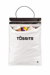 Tossits recycled car trash bag hanging from headrest helps contain odors while traveling.