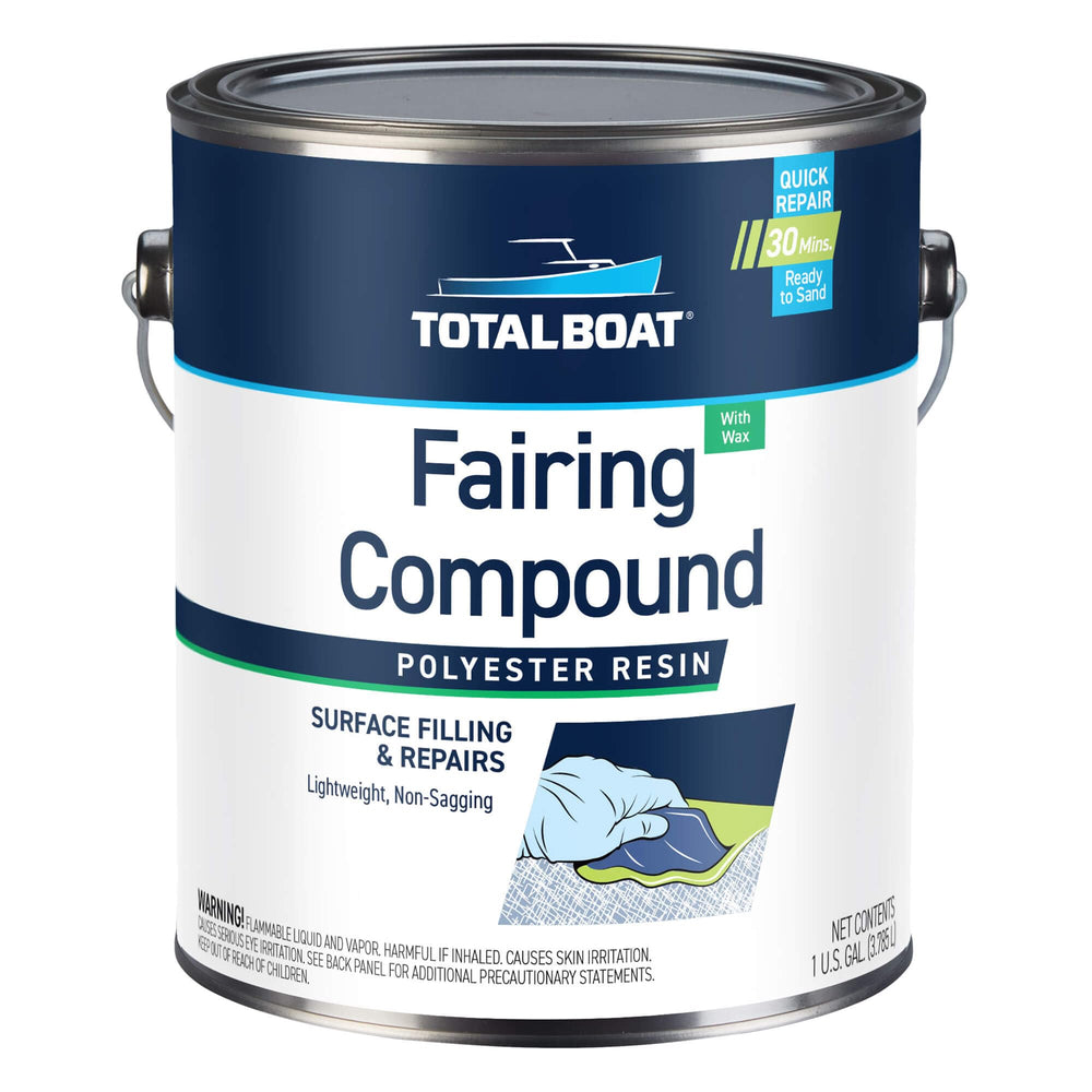 TotalBoat Polyester Fairing Compound gallon pour for quick, smooth cosmetic repairs.