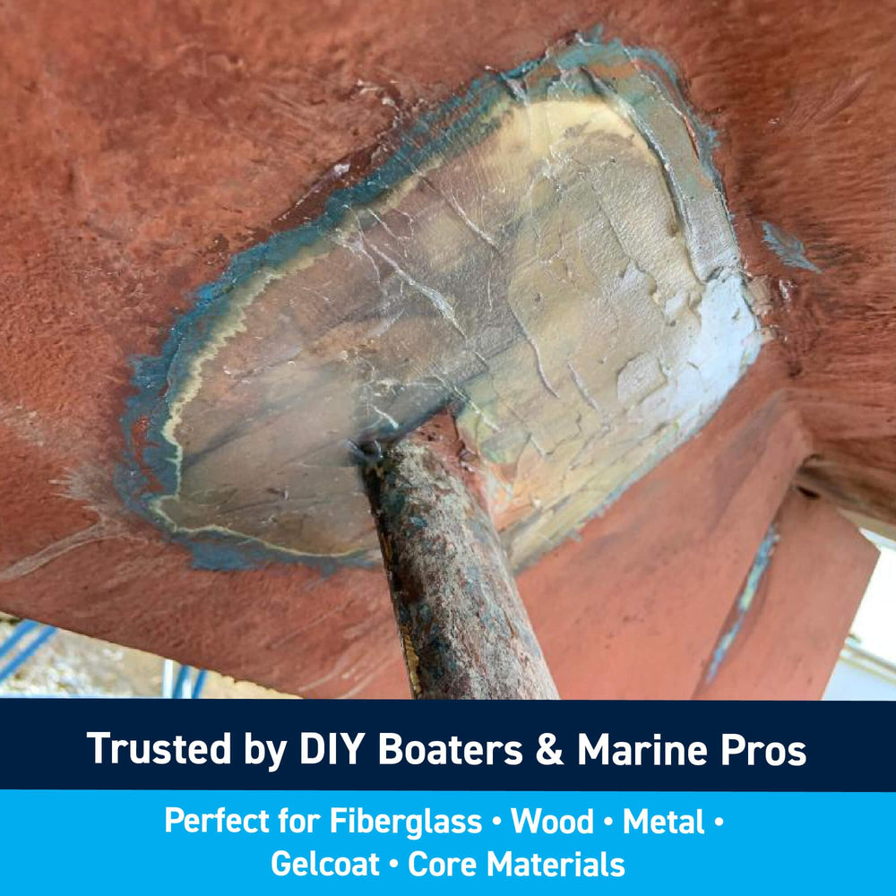 TotalBoat Polyester Structural Repair Putty filling voids and chips in fiberglass.