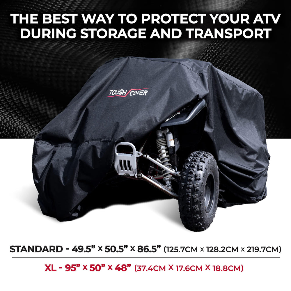 Tough Cover universal-fit ATV cover illustrating compatible dimensions for various models