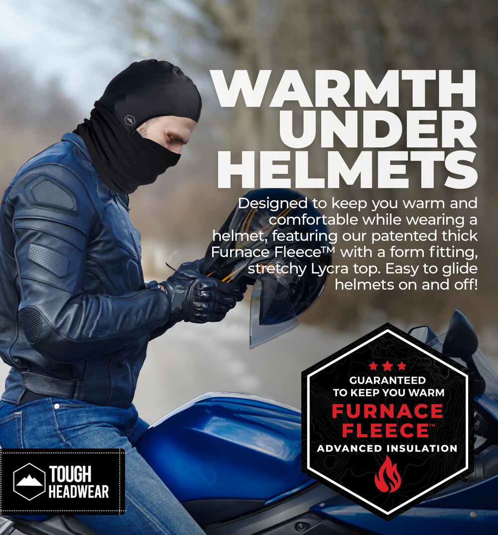 Tough Headwear balaclava under-helmet fit demonstrates easy slip-on design for motorcyclists.