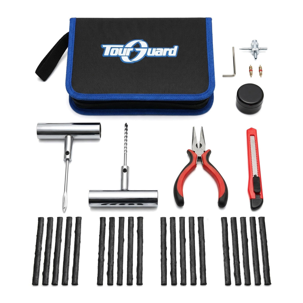 TOURGUARD flat tire repair kit with T-handle and spiral probe for quick puncture repairs.