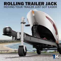 TowKing 2,000 lbs capacity trailer jack supports mid-sized boats and RVs.