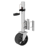 TowKing 8in wheel trailer jack on a boat trailer enables smoother maneuvering with 2,000 lb capacity.