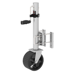 TowKing 8in wheel trailer jack on a boat trailer enables smoother maneuvering with 2,000 lb capacity.