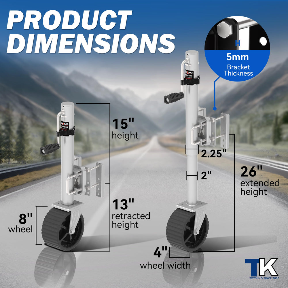 TowKing 8x4 wheel jack provides stable rolling on gravel and dirt.