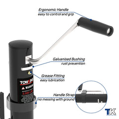 TowKing corrosion-resistant surface trailer jack, powder-coated steel withstands weather.