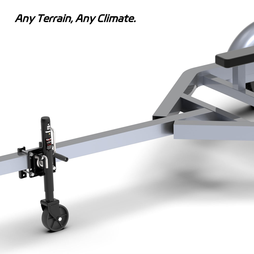 TOWKING trailer jack in use on an RV or boat trailer.