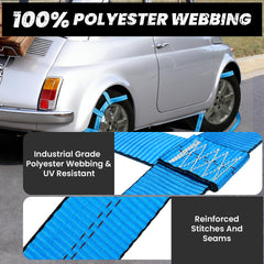 Towmax bright blue straps improve visibility during towing tasks.