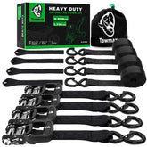 Towmax heavy-duty ratchet strap with metal buckle and rubber grip for secure motorcycle transport.