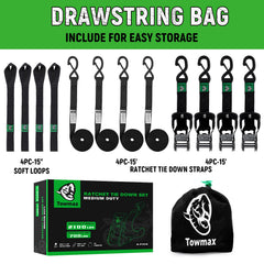 Towmax storage bag included for tidy transport of all four straps.