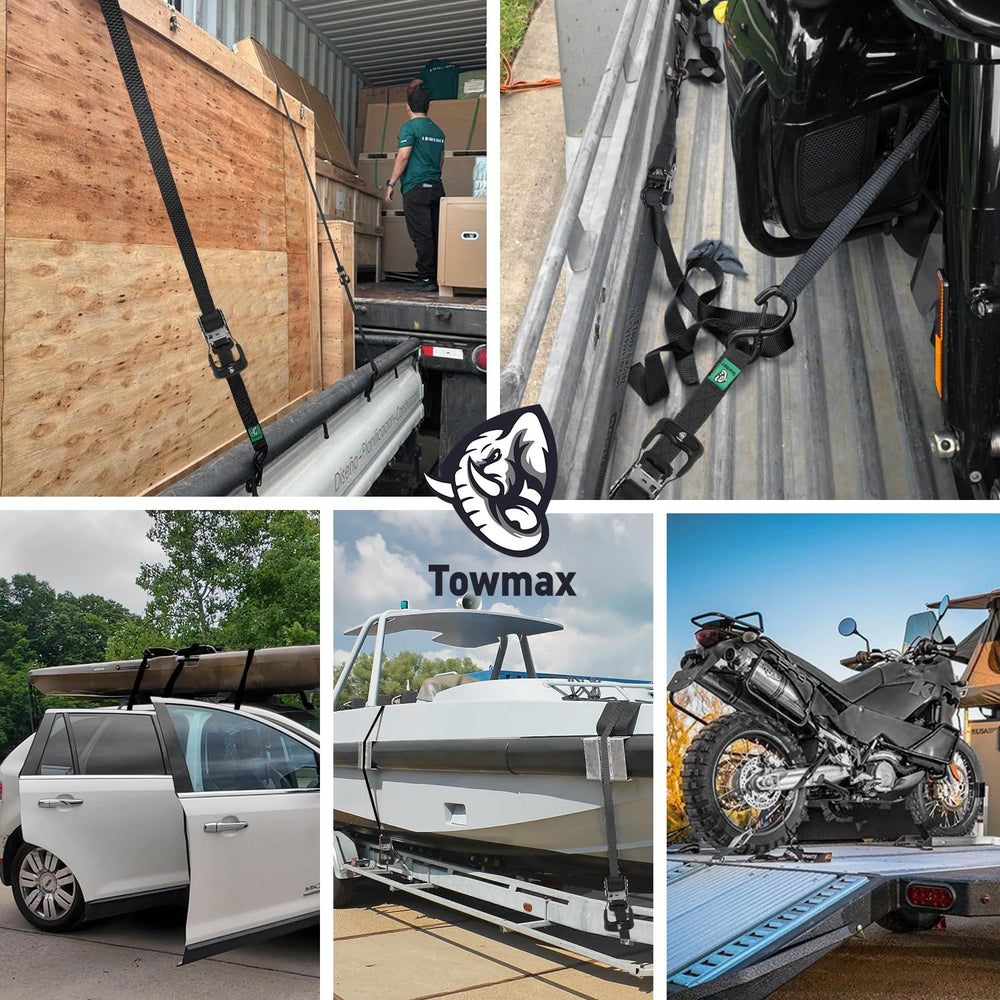 Towmax versatile tie-downs for motorcycles, kayaks, ATVs, and roof racks.