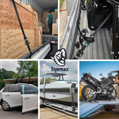 Towmax versatile tie-downs for motorcycles, kayaks, ATVs, and roof racks.