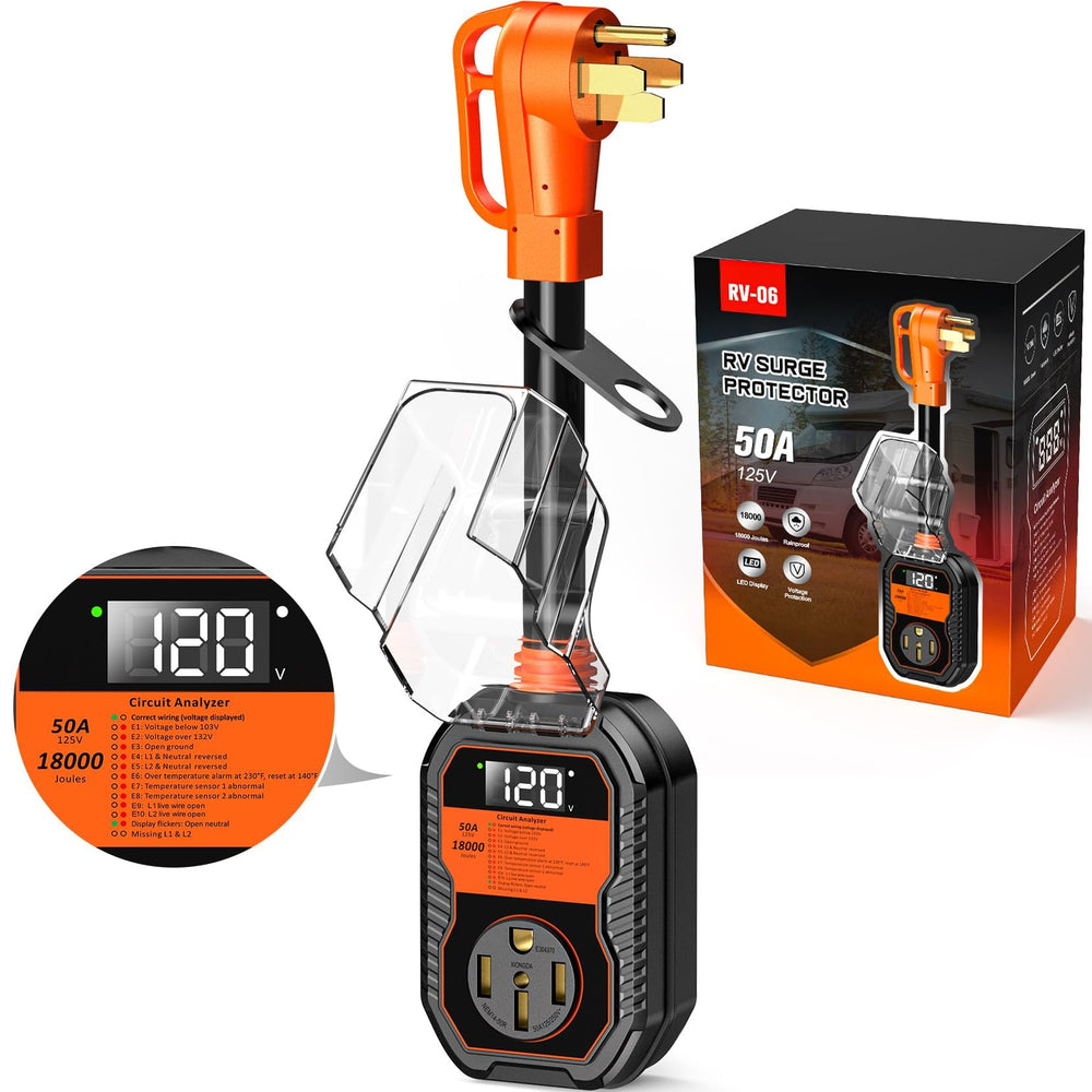 Towtamer 18,000J RV surge protector front view highlighting rugged protection