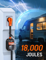 Towtamer 50A RV surge protector with LED display showing real-time voltage