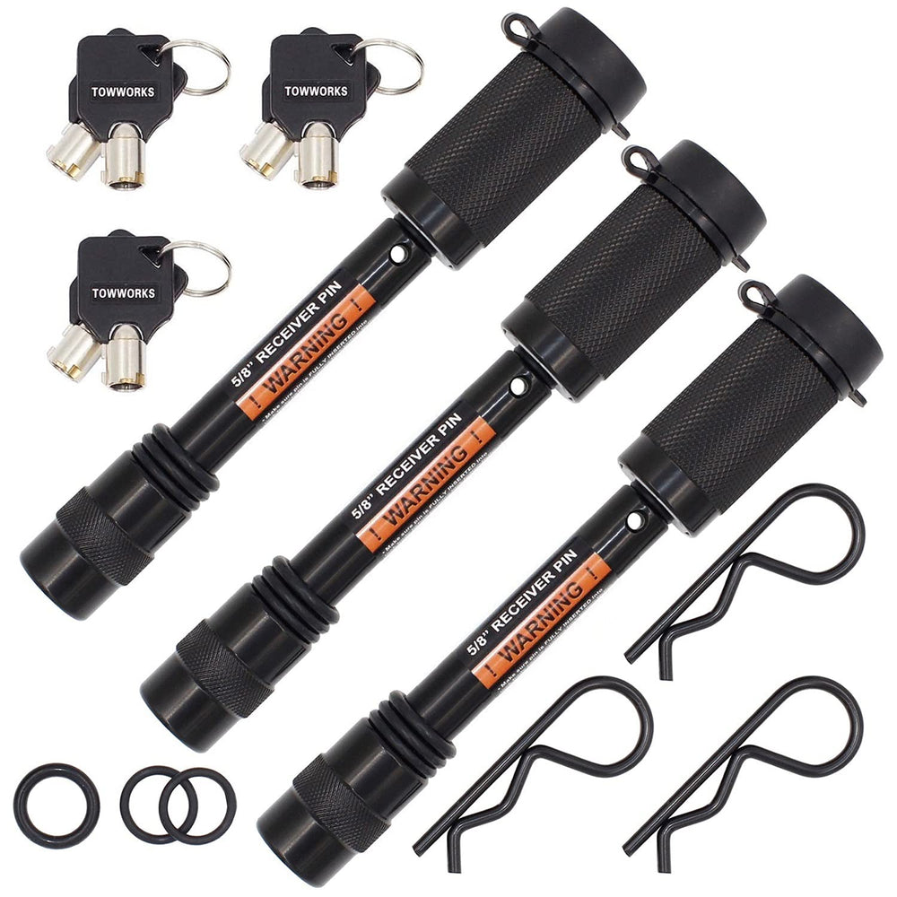 TowWorks 79633 hitch pin in action secures 2-inch and 2-1/2-inch receivers for trailers.