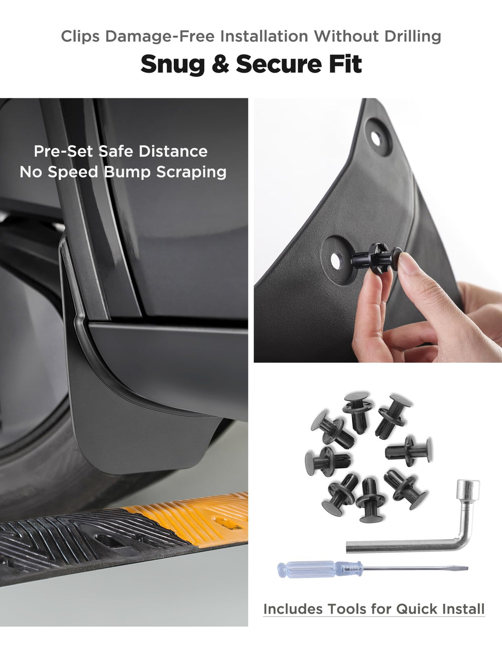 TPARTS mud flaps on Model Y Juniper—durable black finish resists grime and wear.