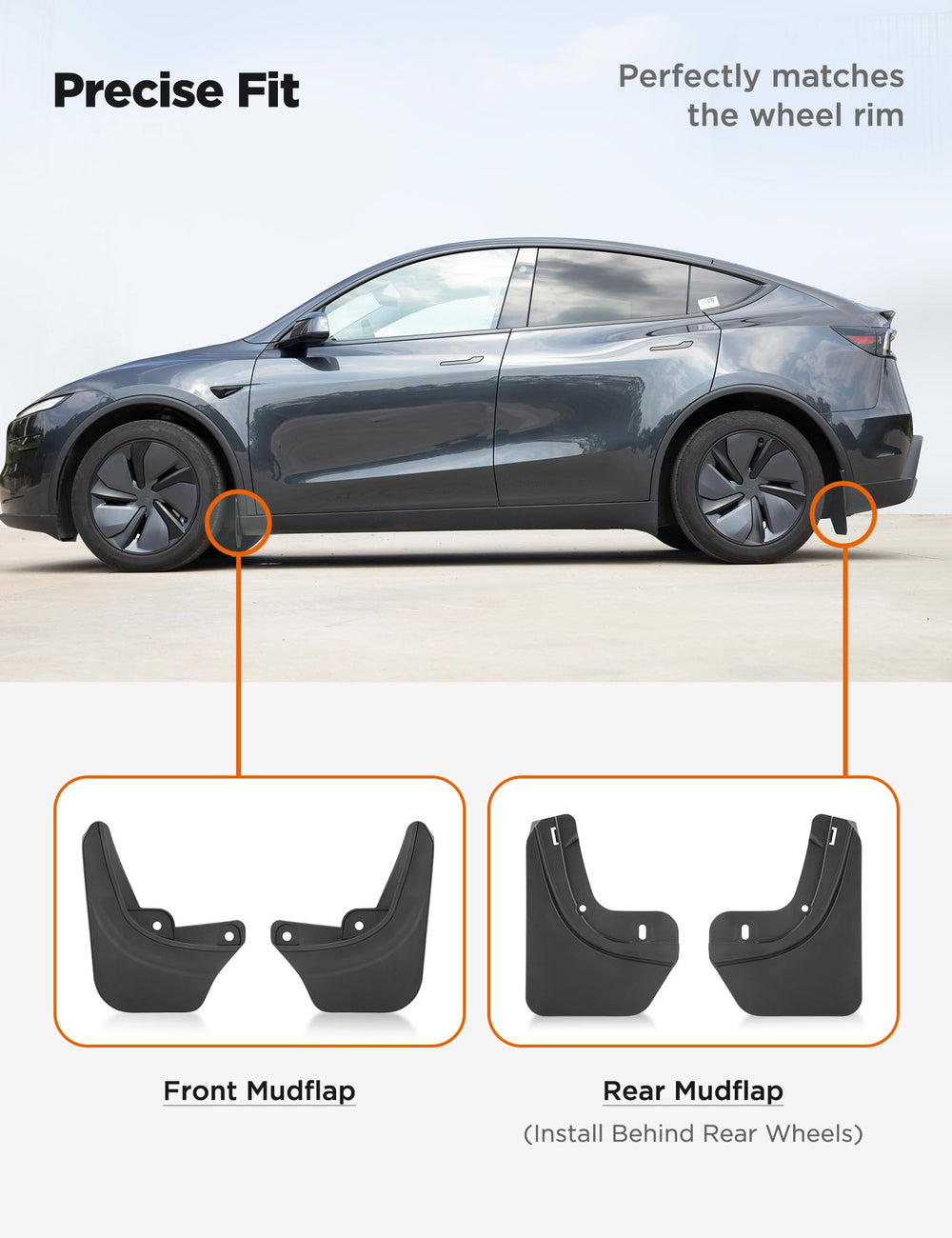 TPARTS mud flaps for Model Y Juniper—rear view protecting doors and arches from mud spray.
