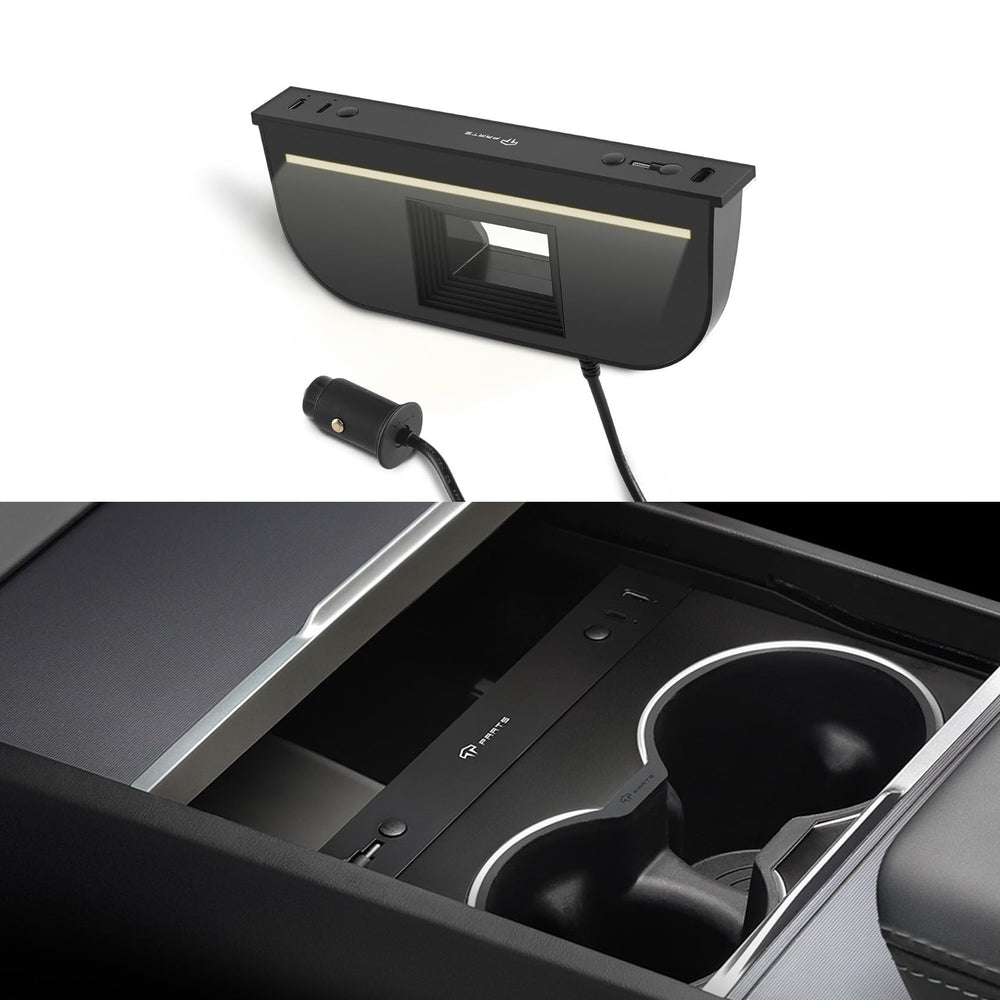 TPARTS hidden charger with retractable cable for Tesla Model 3 Highland enhances console cleanliness.