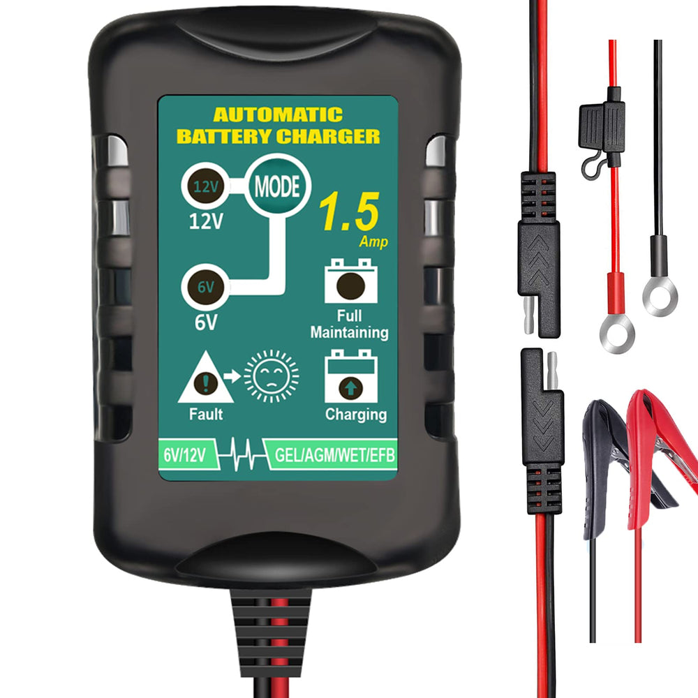 TPE battery charger front view; compact for 6V and 12V lead-acid batteries.
