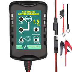 TPE battery charger front view; compact for 6V and 12V lead-acid batteries.