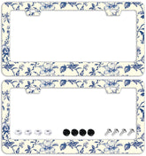 TQFTPT Blue Floral license frame front view shows durable stainless steel and secure fit