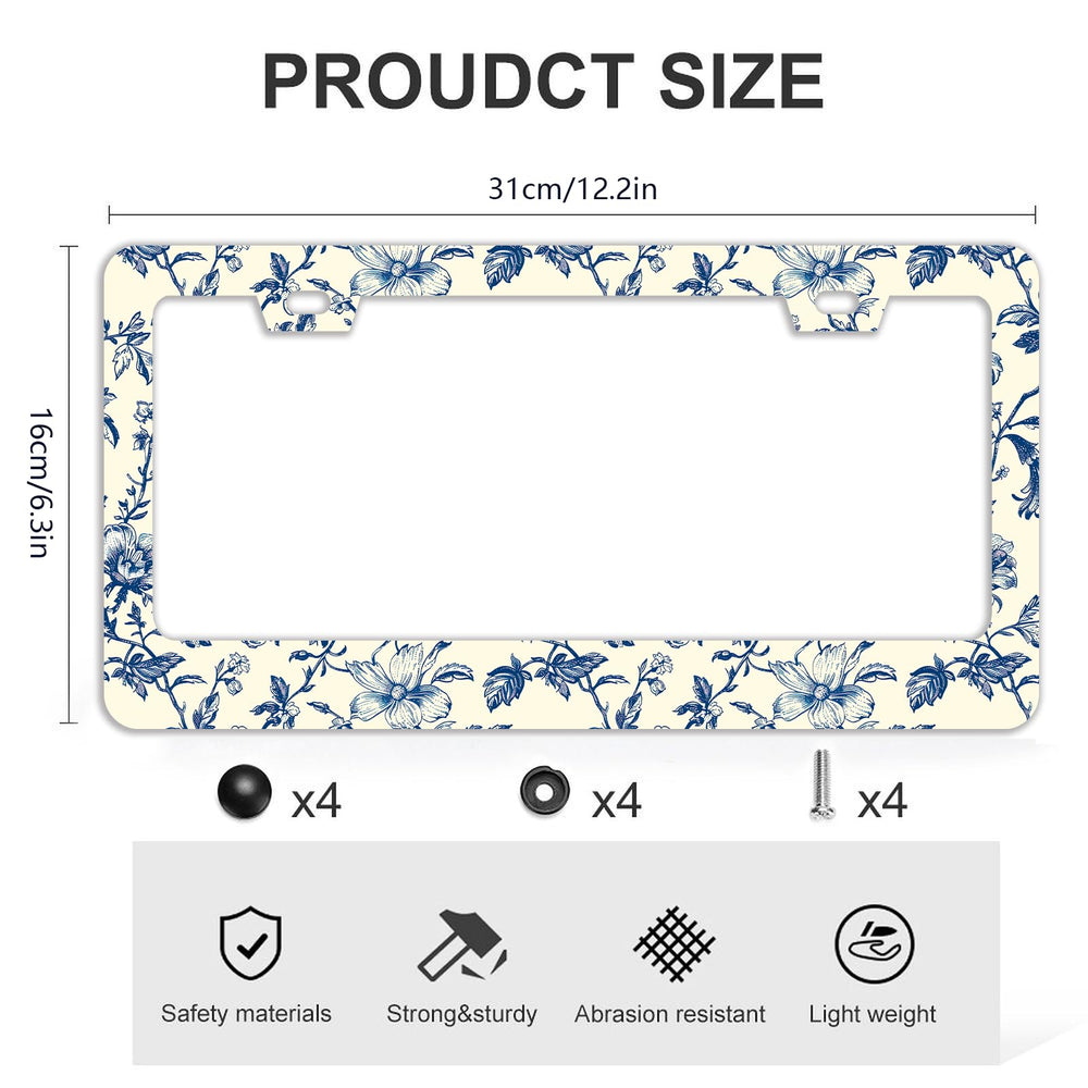 TQFTPT Blue Floral license frame packaging image demonstrates easy install kit