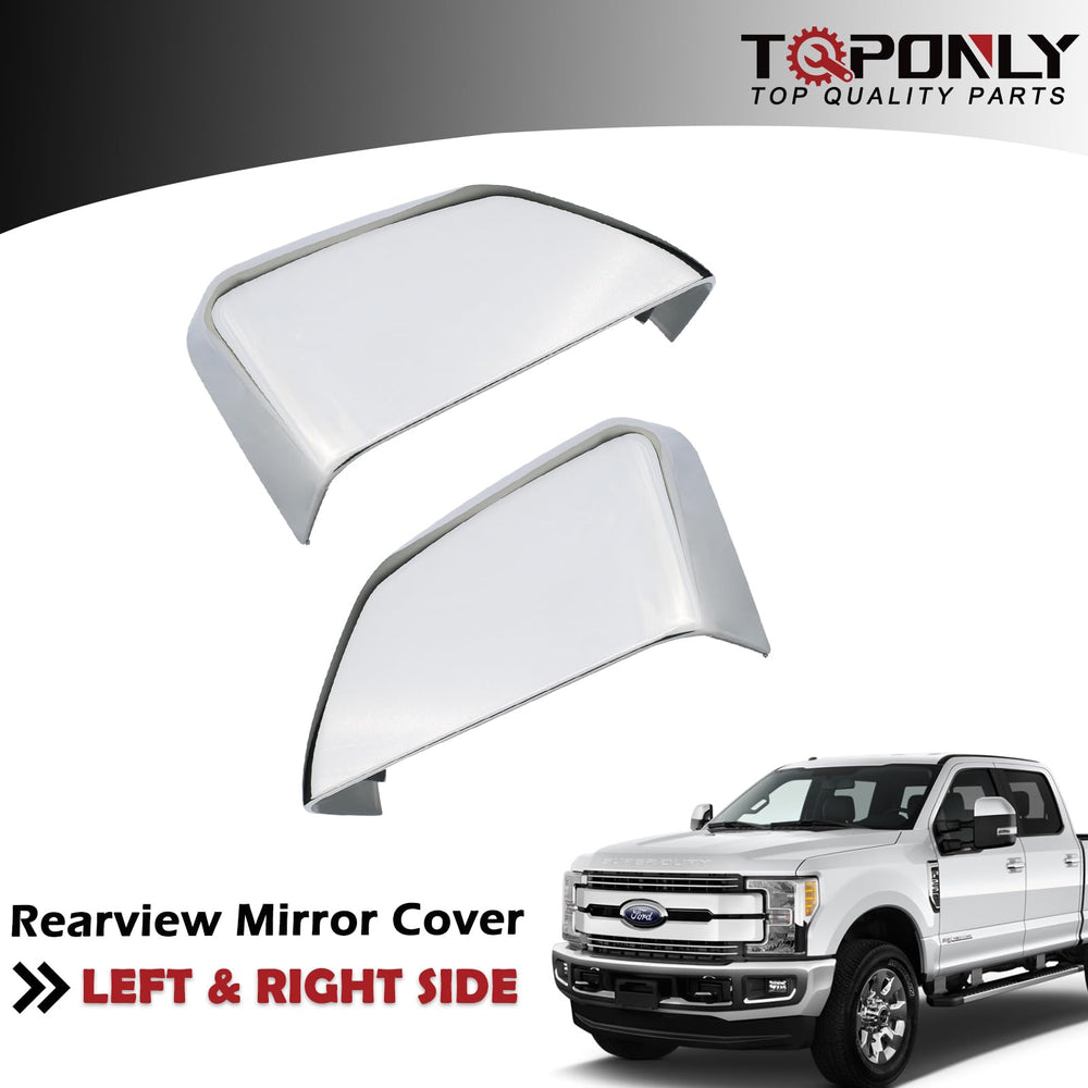 TQPONLY chrome cover closeup shows detailed finish on Ford Super Duty mirror cap.