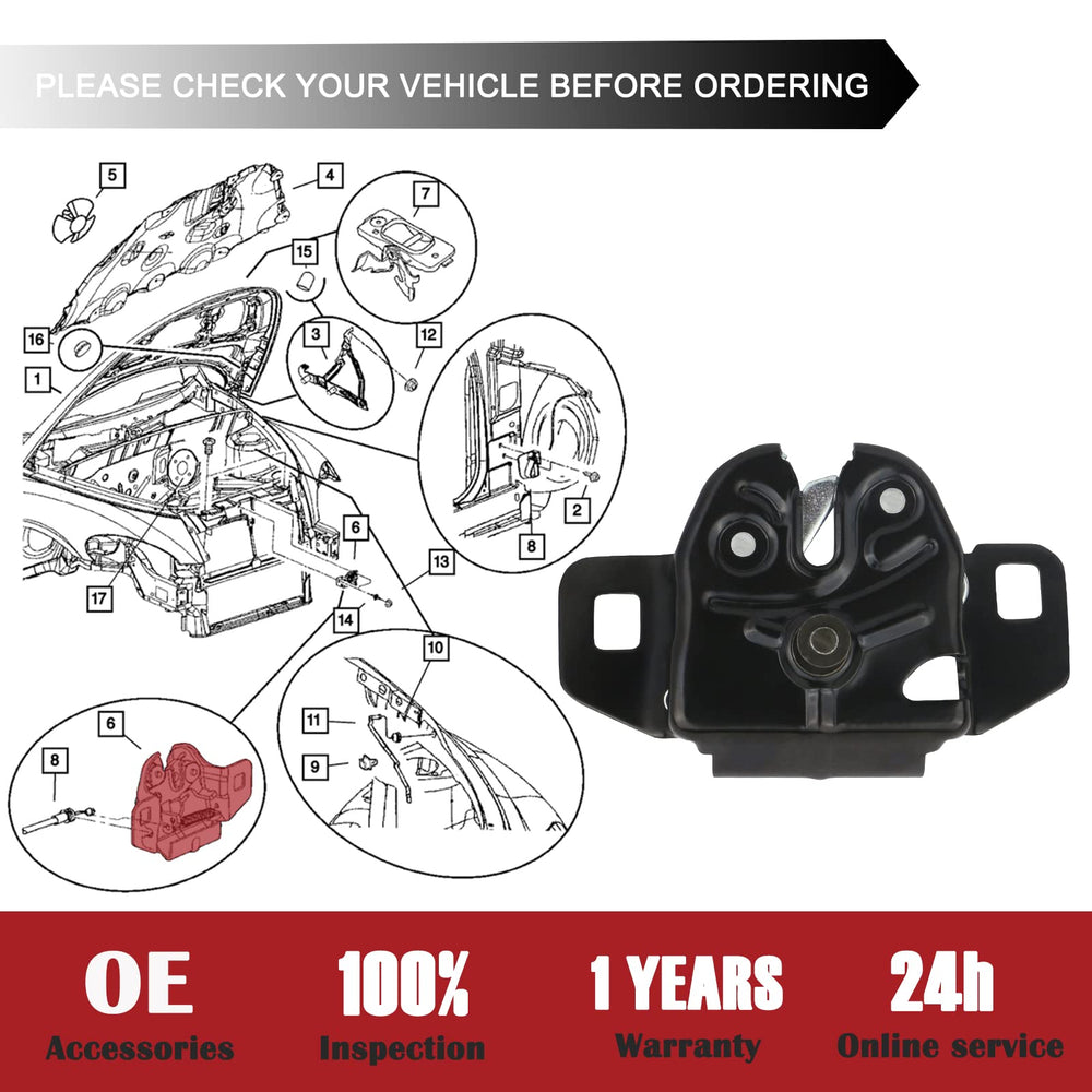 Close-up detail of TQPONLY black metal hood latch for corrosion resistance.