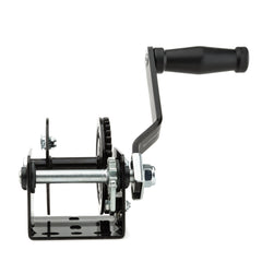 TR Industrial 600 lb winch with ergonomic crank handle in use.