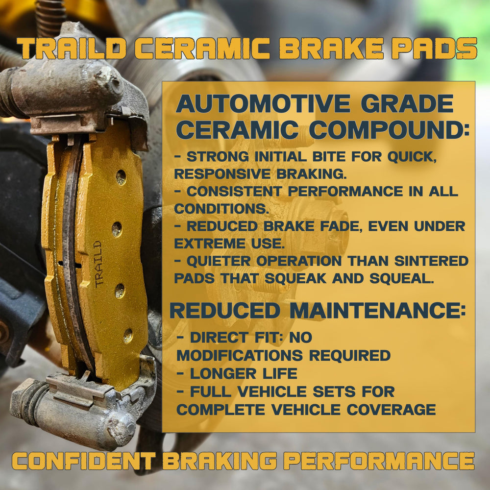 Traild front ceramic brake pad close-up highlighting even wear and fade resistance.