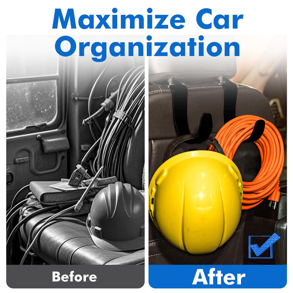 Travel Depot heavy-duty headrest hook supports hard hats during workday in a pickup