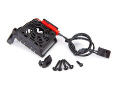 Traxxas 3456 cooling fan with shroud shown on a 1/10 scale chassis, focusing airflow.
