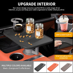 Treesiche steering wheel desk enables hands-free laptop work and snacks.