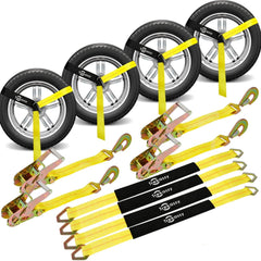 Trekassy car tie down strap secures vehicle on trailer with firm hold