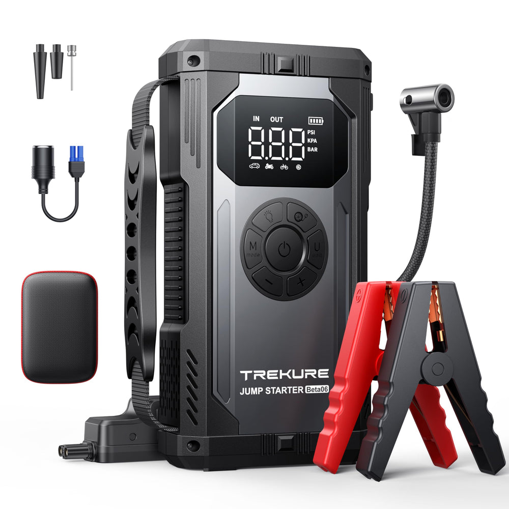 TREKURE 8-in-1 jump starter front view shows portable power for dead car batteries